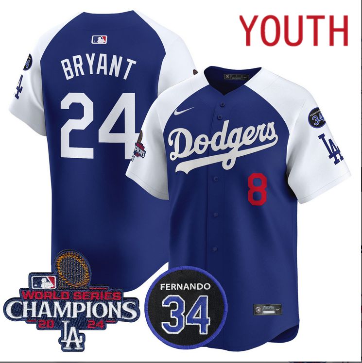 Youth  MLB Los Angeles Dodgers #24 Bryant  blue 2024 World Series Champions Patch Limited Jersey